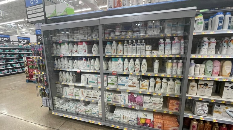 Locked up anti-theft shelves of body wash and other products at a store