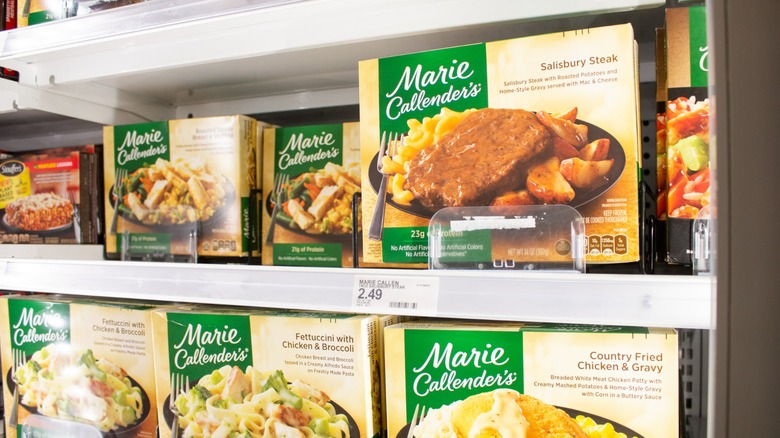A view of several boxes of Marie Callender's frozen dinners, on display at a local grocery store.