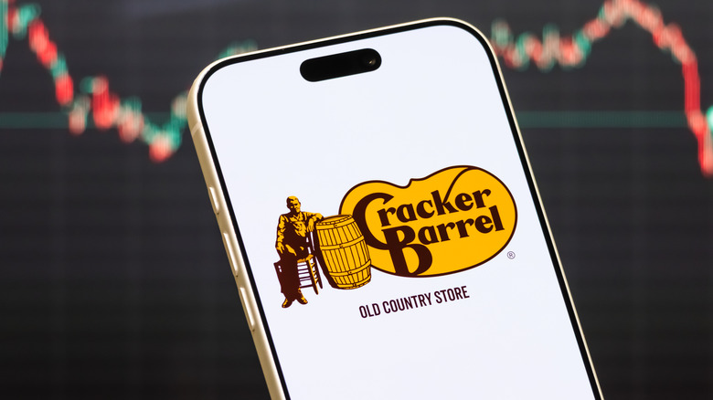 A closeup of a phone screen with the Cracker Barrel logo