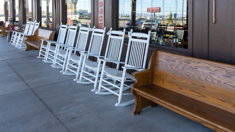 Rocking chairs at Cracker Barrel Old Country Store located in Victorville, California.
