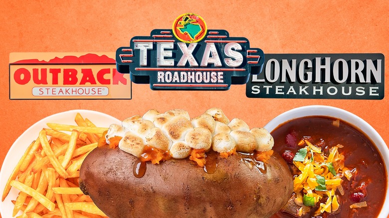 Outback Steakhouse, Texas Roadhouse, and LongHorn steakhouse logos above fries, potato, and chili