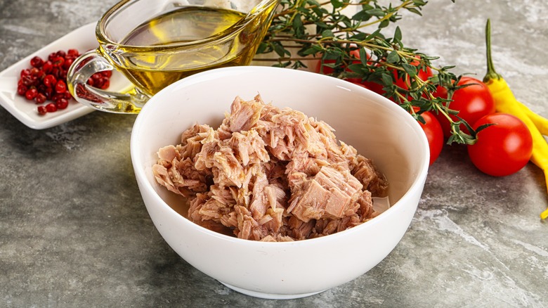 Tuna salad in a white bowl