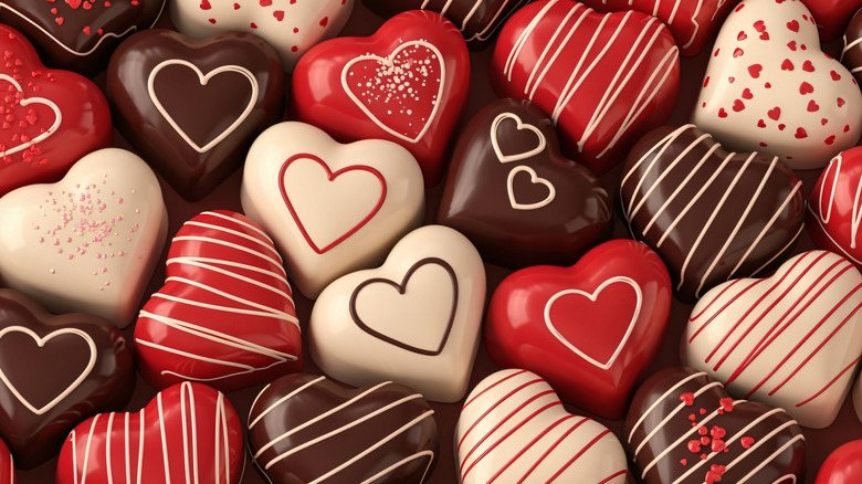 A collection of various heart-shaped chocolates.