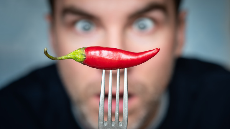 Man holding a single chili pepper in front of his face, on a fork