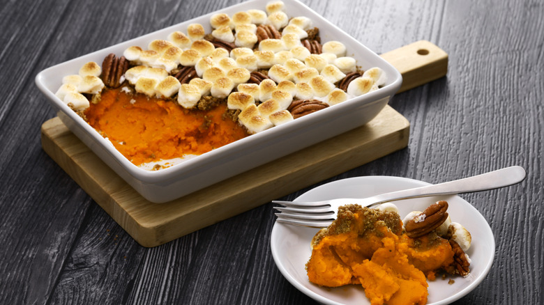 Sweet potato casserole with marshmallows and pecans