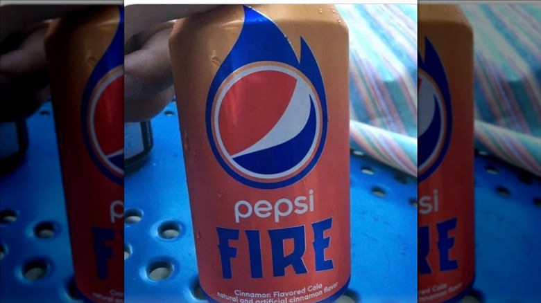 Closeup of a can of Pepsi Fire, cinnamon flavored cola