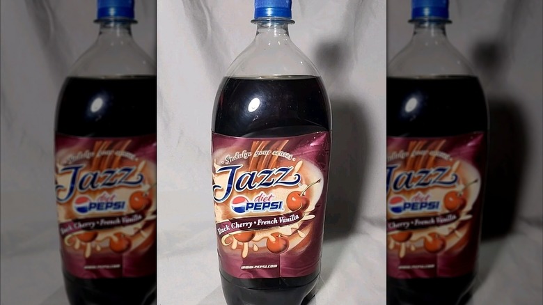 Two liter plastic bottle of diet Pepsi Jazz black cherry and french vanilla flavor