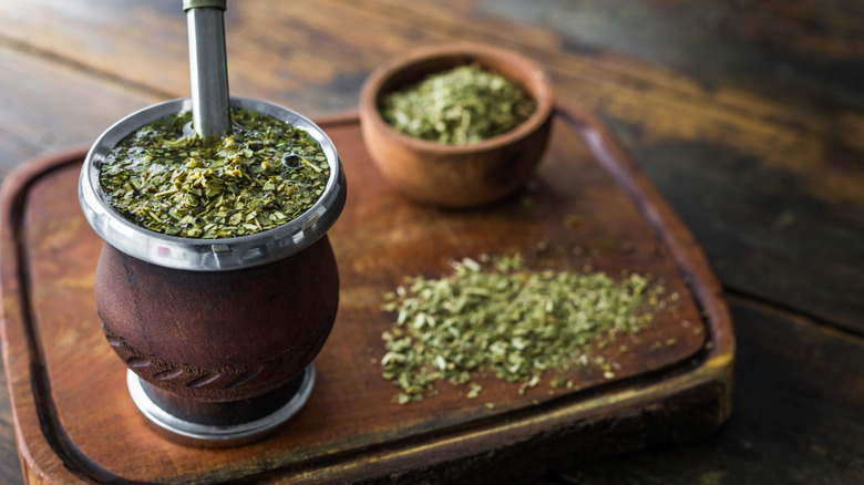 Traditional yerba mate in a wooden gourd.