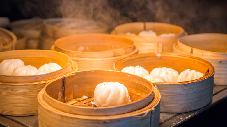 Bamboo trays of steamed dumplings