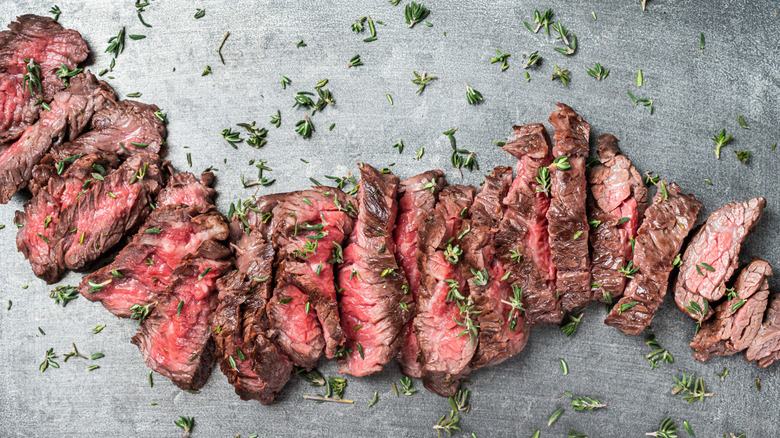Grilled sliced skirt steak sprinkled with thyme