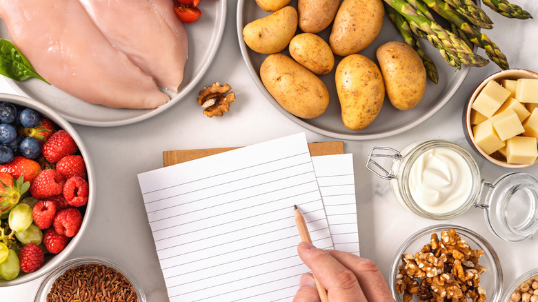Top view of fresh healthy ingredients including chicken, vegetables, nuts, fruits and grains with hands holding pencil over empty paper