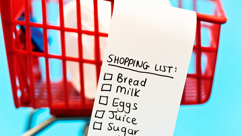 Close up of an empty miniature shopping cart containing a shopping list covering basic groceries, including bread, milk, juice, sugar, and eggs.