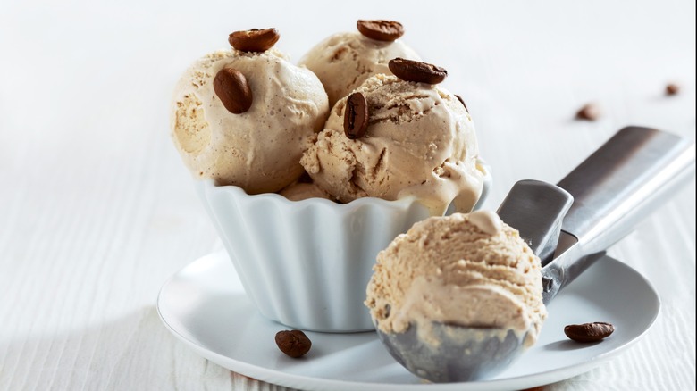 Creamy coffee ice cream with beans in a white bowl.