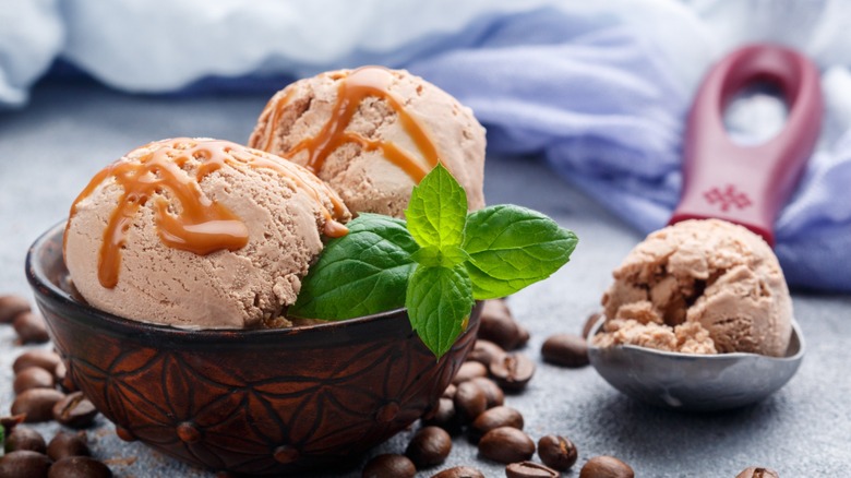Salted Caramel Drizzle on coffee ice cream with sprig of mint on side
