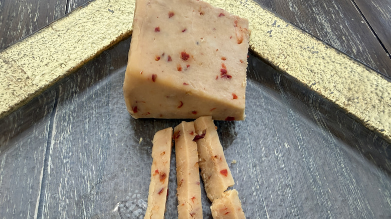 Trader Joe's Cheddar with Scotch Bonnet on gold rimmed plate