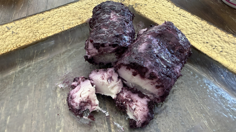 Trader Joe's Wild Blueberry Vanilla Chevre on gold rimmed plate