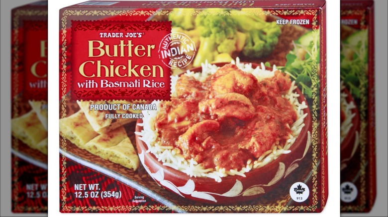 A box of Trader Joe's frozen Butter Chicken with Basmati Rice on a white background