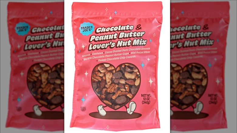 A bag of Trader Joe's Chocolate & Peanut Butter Lover's Nut Mix on a white background