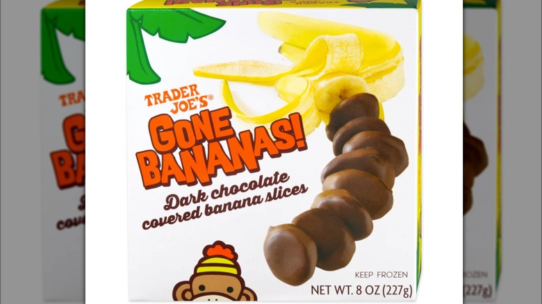 A box of Trader Joe's Gone Bananas! dark chocolate covered banana slices on white background