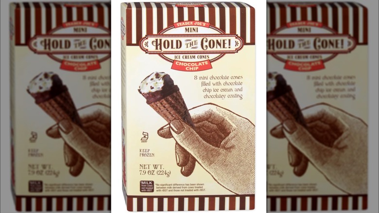 A box of Mini Hold The Cone! Chocolate Chip Ice Cream Cones from Trader Joe's on white background