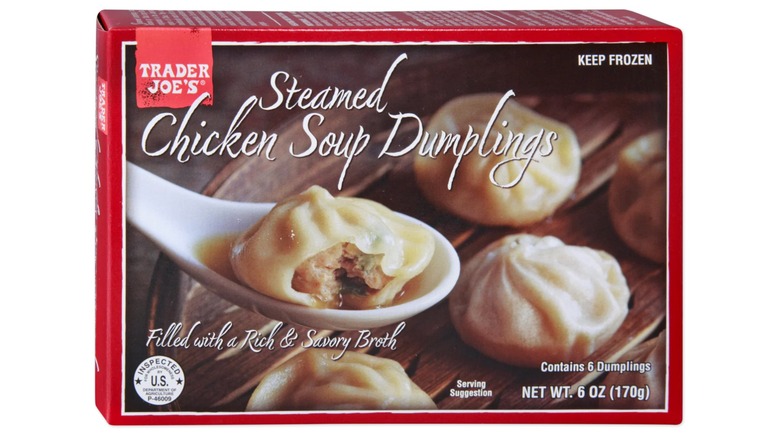 A box of Trader Joe's Steamed Chicken Soup Dumplings on white background