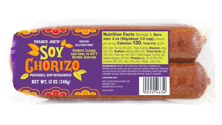 Package of Trader Joe's Soy Chorizo on a white background
