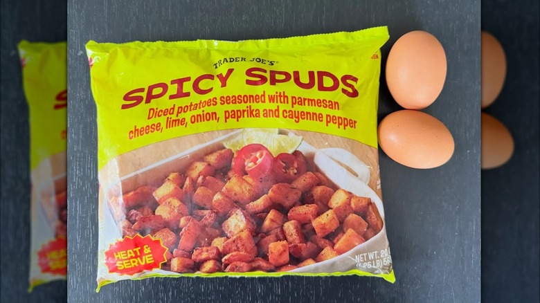 Trader Joe's Spicy Spuds next to two whole eggs