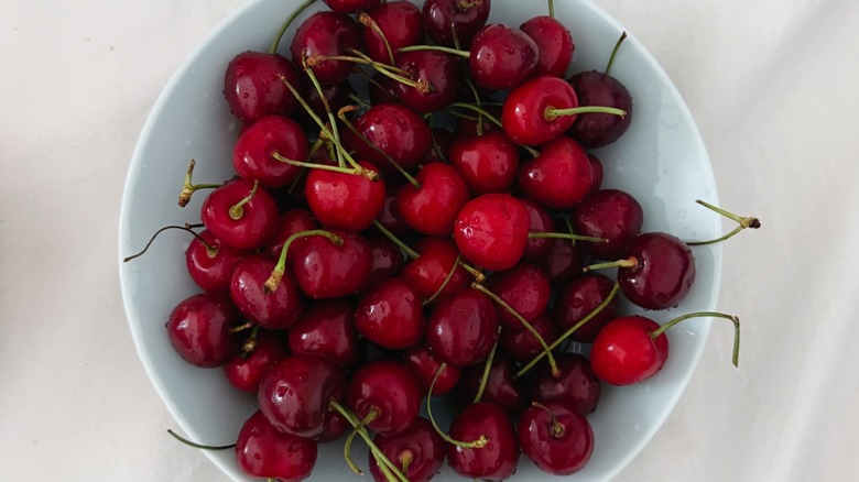 A white bowl Of Ripe Sweet Cherries With Green Stems Resting On Minimalist White Textile Surface