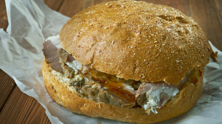 beef on weck sandwich close up