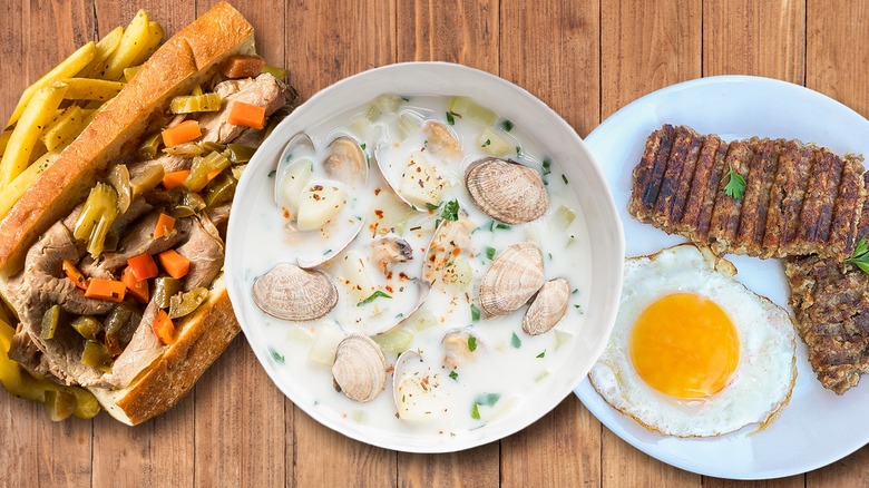 clam chowder, beef sandwich and liver mush