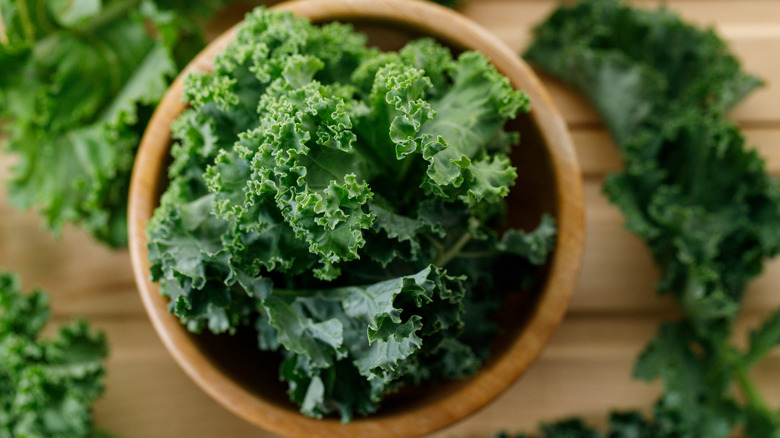 A close-up on a bowl of raw kale