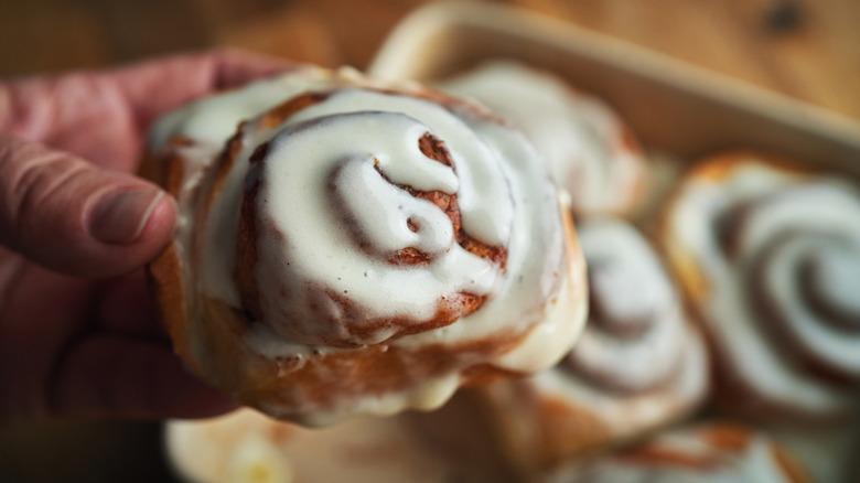 Hand holding cinnamon roll from pan