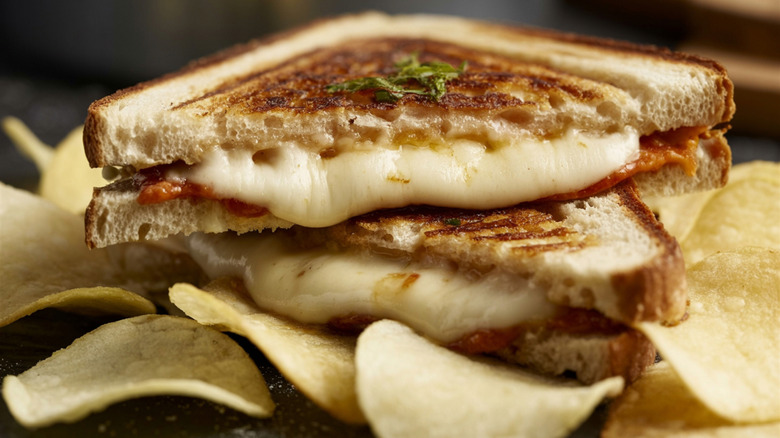 Melted mozzarella oozes out between two slices of toasted bread.