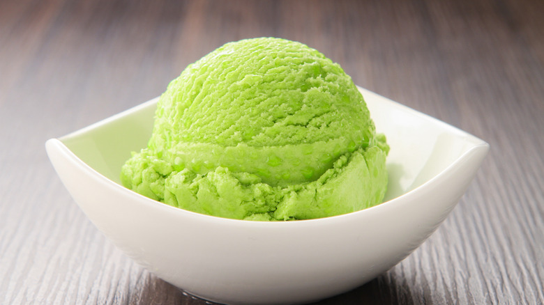 Lime sherbet in a white bowl