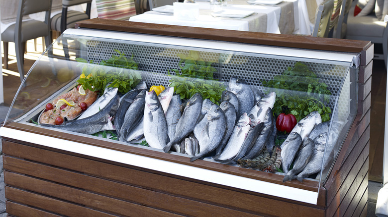Refrigerated display of whole fish in front of restaurant tables