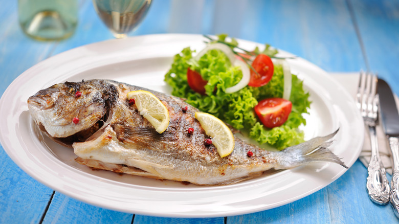 White plate with whole grilled sea beam on blue table