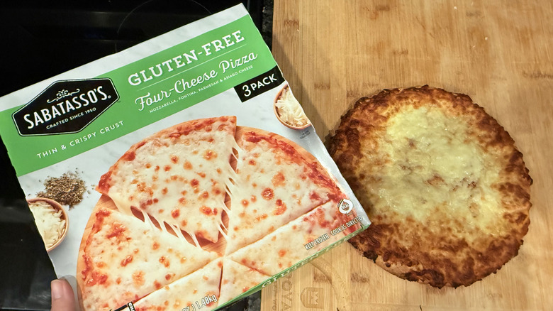 Cooked Sabatasso's gluten-free pizza with box