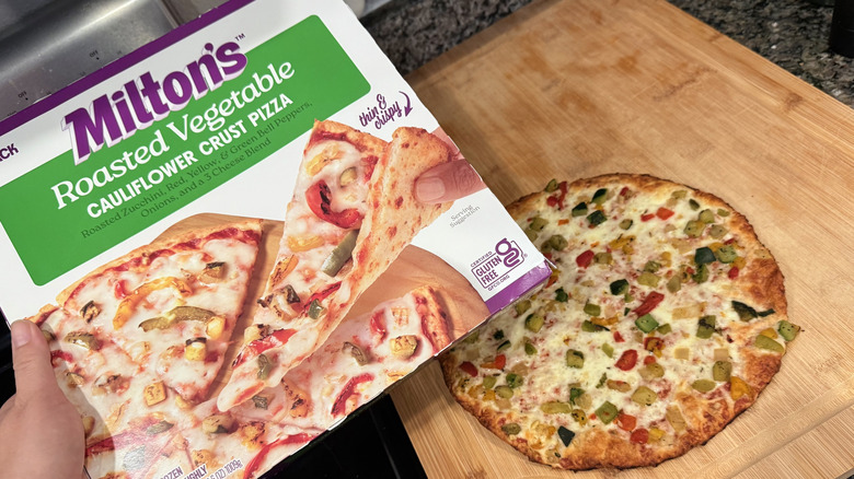 Cooked Milton's veggie pizza with box