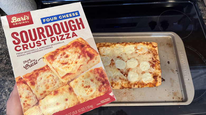 Cooked Bari's Sourdough Crust Cheese Pizza with box