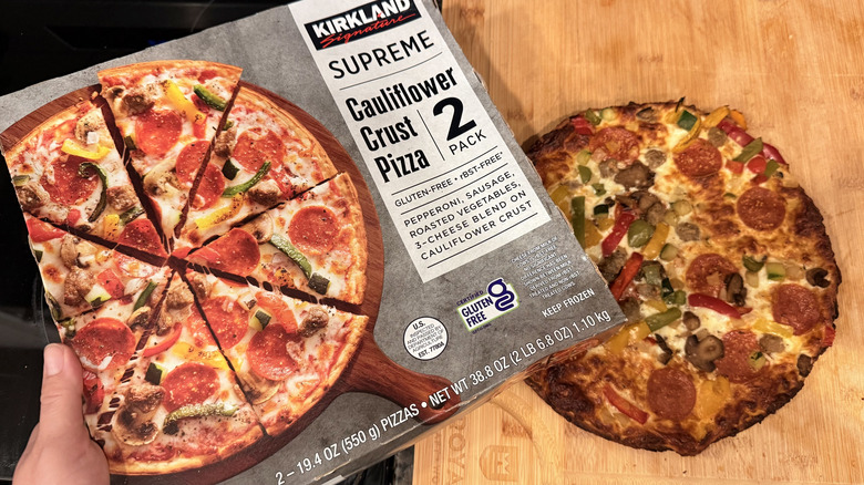 Cooked Kirkland Signature supreme cauliflower crust with box