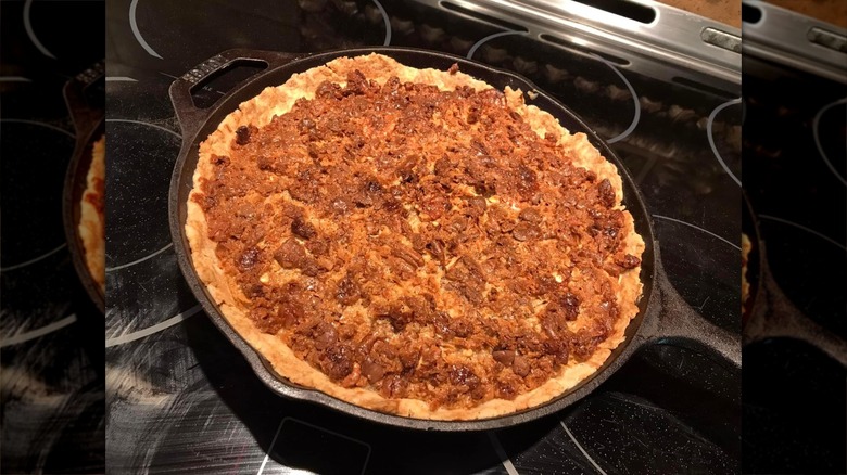 Texas trash pie in a cast iron pan