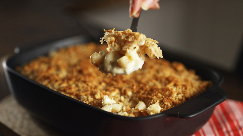 Baked mac and cheese in a casserole dish
