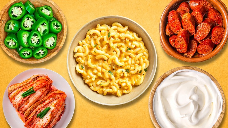 Composite image of a dish of homemade mac and cheese surrounded by add-ins