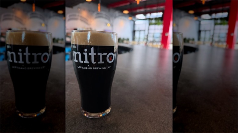 Glass of Milk Stout Nitro on counter