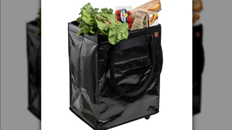 CleverMade rolling tote bag from Costco filled with groceries