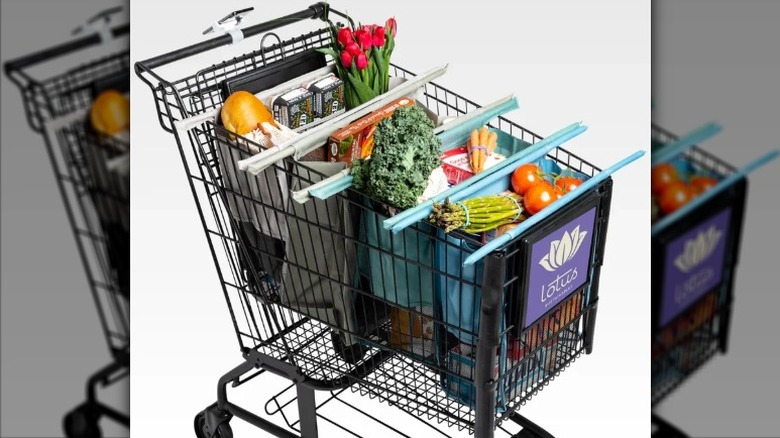 Lotus Sustainables trolley bag filled with groceries inside a black cart