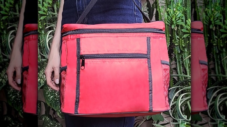 woman holds a red insulated cooler bag