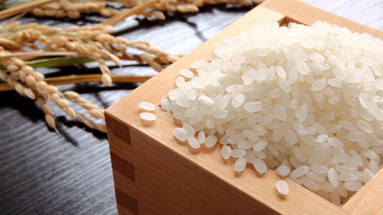 Japanese rice and rice ears piled up in masu.