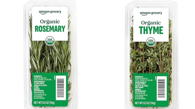 Packages of amazon grocery fresh organic rosemary and thyme
