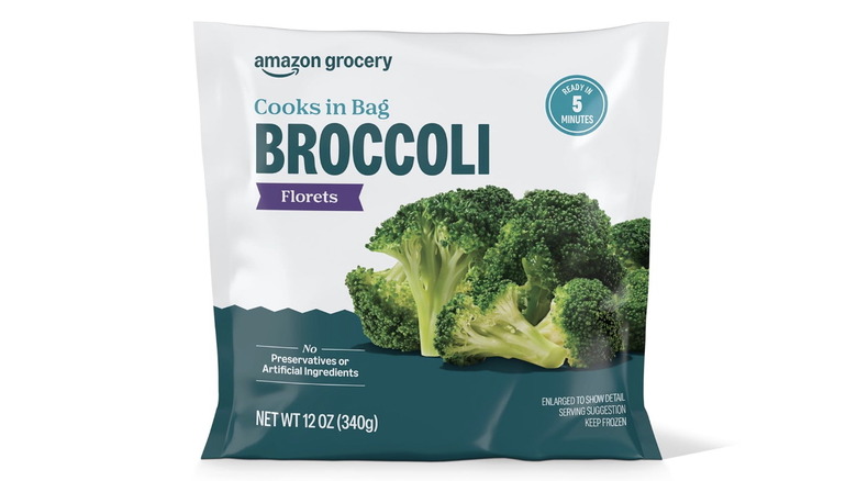 A bag of amazon grocery frozen broccoli florets